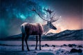 Snow covered reindeer in icy snowy desert with northern lights in the sky AI generated content Royalty Free Stock Photo