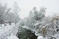 The snow-covered river, snowfall, Kirhberg