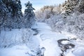 Snow covered river in a Wisconsin forest in January, horizontal Royalty Free Stock Photo