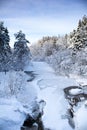 Snow covered river in a Wisconsin forest in January, vertical Royalty Free Stock Photo