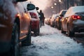 Snow-covered road packed with vehicles leads to gridlock