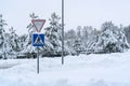 Snow covered road pedestrian sign Royalty Free Stock Photo