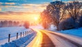 Snow-covered road at sunrise, beautiful, trees covered with snow, winter landscape