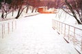 Snow-covered road to a frozen pond in the park, railings and steps