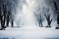 A snow covered road winds through an old, silhouetted forest scene