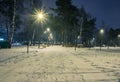 Snow covered roads in the night park with lanterns in the winter Royalty Free Stock Photo