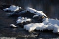 Snow Covered Rocks Forming Dam Across the Cold Winter River