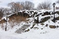 Snow Covered Rocks and Stairs at Central Park in New York City during the Winter Royalty Free Stock Photo