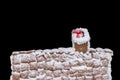 Snow-covered roof of homemade gingerbread house with protruding