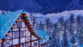 Half-timbered alpine house attic at winter night Royalty Free Stock Photo