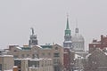 Snow covered rooftops of Montreal buildings,including bons secours church and bonsecours market Royalty Free Stock Photo