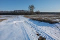 Snow-covered rural road. Forest and blue sky Royalty Free Stock Photo