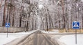 Snow-covered rural street, beautiful winter landscape, in cloudy weather