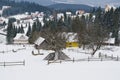 Snow covered rustic cabins in the woods in winter. Royalty Free Stock Photo