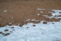 Snow covered sand. melting snow on the frost ground