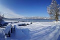 Snow-covered shore of Steckborn at Lake Constance in Switzerland