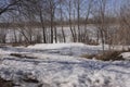 Snow-covered shore of the Volga in early spring. Visible patches on the water.