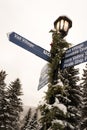 A sign post in Vail, Colorado during winter.