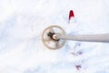 Snow-covered ski and old ski pole Royalty Free Stock Photo