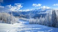 Snow Covered Ski Slope With Trees and Mountains Royalty Free Stock Photo