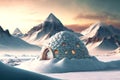 Snow-covered small snow igloo in middle of snowy mountain plain Royalty Free Stock Photo