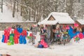 A Small Shop In A Winter Landscape. Colorful Glasses And Snowboards For Hikers