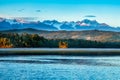 The snow covered Southern alps views from the Fox Glacier Okarito Lagoon at sunrise