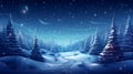 snow covered spruce forest with footpath between trees at snowy winter night in blue tones, neural network generated Royalty Free Stock Photo