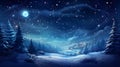 snow covered spruce forest and small village at snowy winter night in blue tones, neural network generated image Royalty Free Stock Photo