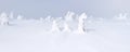 snow covered spruces on windy hilltop peak - fairy tale figures by nature knight on horse - foggy weather