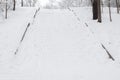 Snow-covered stairs in the park. winter landscape . Guiding lines.