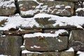 Snow covered stone wall. Texture, background.