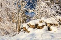 Snow covered stone wall in winter