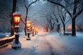 Snow covered street with a charming winter streetlight