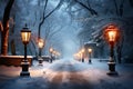 Snow covered street with a charming winter streetlight