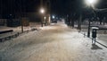 Snow Covered Street In The Old Town Main Market Square Krakow Nighttime Shot Royalty Free Stock Photo