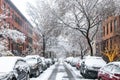 Snow covered street scene in the Greenwich Village neighborhood of New York City after a blizzard