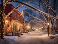 A snow-covered street in a small town is lined with Christmas decorated trees with colorful lights.