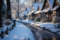 Snow covered street in the suburbs in winter on New Year\'s Eve, AI Generated