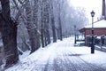 Snow-covered street in winter lanterns and trees.