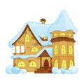 Snow-covered suburban two-story house. Winter castle with tower and porch. Royalty Free Stock Photo