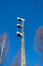 Snow covered telephone pole blue sky background Royalty Free Stock Photo