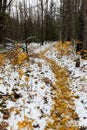Snow covered trail at Union Mine Trail, Porcupine Mountains Wilderness State Park in Michigan Royalty Free Stock Photo