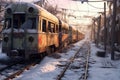 snow-covered trains in abandoned winter yard