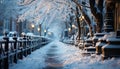 Snow covered tree illuminated by lantern in tranquil winter night generated by AI Royalty Free Stock Photo