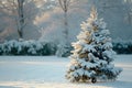 A snow-covered tree stands tall in the middle of a park, braving the winter weather with its branches weighed down by the snow, A