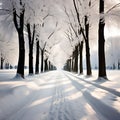 Snow-Covered Trees, Park Road Perspective, and Converging White Tree Rows