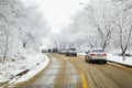 Winter snowy covered trees and car road in Uiwang, Korea