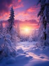 a sunset over a snowy forest with snow covered trees Royalty Free Stock Photo