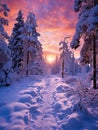 a sunset over a snowy forest with snow covered trees Royalty Free Stock Photo